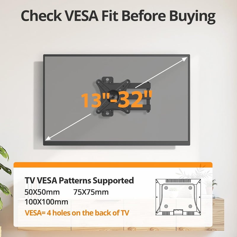 IWORKBOARD Full Motion TV Monitor Wall Mount Bracket for Most 13-32 Inch LED LCD Flat Curved Screen, 360° Rotation Swivel Tilt Extension，Adjustable Articulating Arms, Max VESA 100x100mm up to 33lbs - Image 5